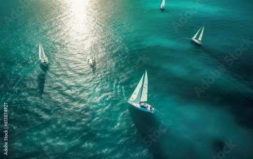 Yachts in the clear azure sea at dawn. AI, Generative AI