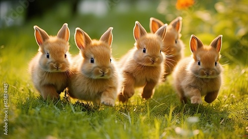 a group of rabbits running in a field of green grass.  generative ai