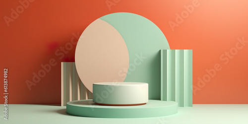 Round podium on on green and orange background. Simple product pedestal  Generative AI.