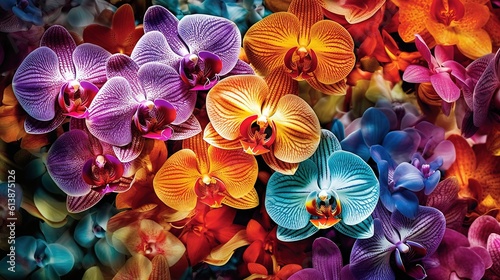  a vibrant display of colorful orchids in a vase, with the petals of the flowers in a variety of colors including pink, purple, yellow, and blue The petals are arra photo