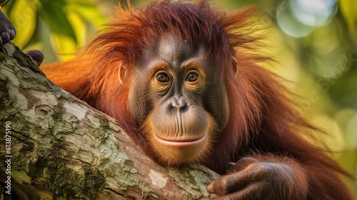  an orangutan hanging on a tree branch with its eyes wide open. generative ai