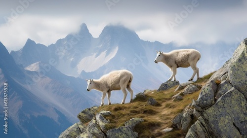  two mountain goats standing on a rocky mountain top with mountains in the background.  generative ai