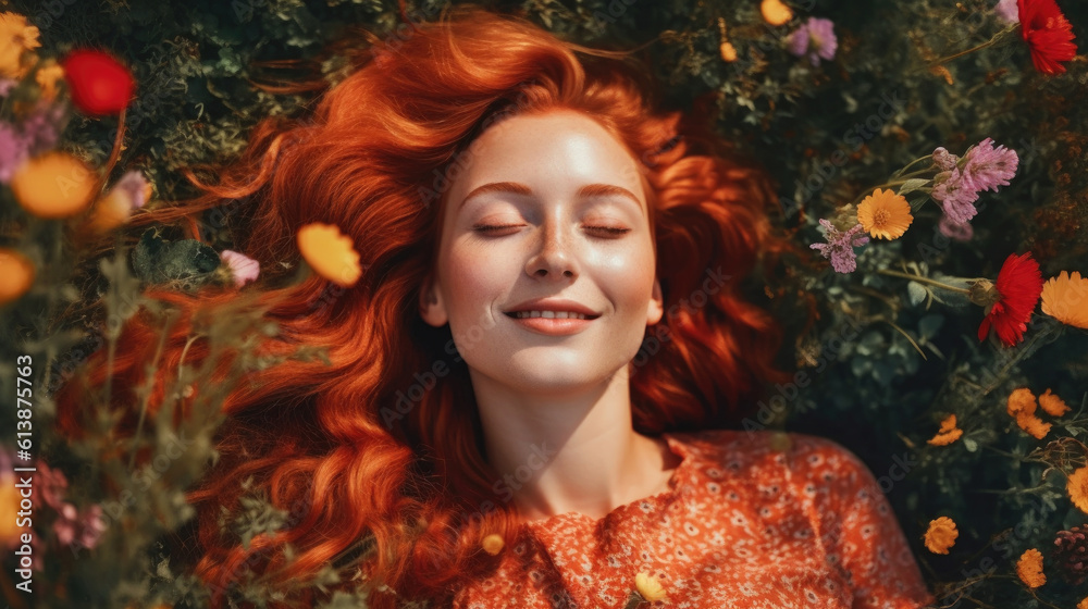 Happy vibrant red-haired woman lies amidst a breathtaking field of colorful flowers, as seen from a top-down perspective. Psychological stability, self-knowledge, feeling in moment. generative AI. Happy vibrant red-haired woman lies amidst a breathtaking field of colorful flowers, as seen from a top-down perspective. Psychological stability, self-knowledge, feeling in moment. generative AI.