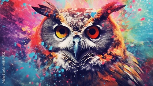 Abstract portrait of an owl with colorful paint. Generative AI © ColdFire