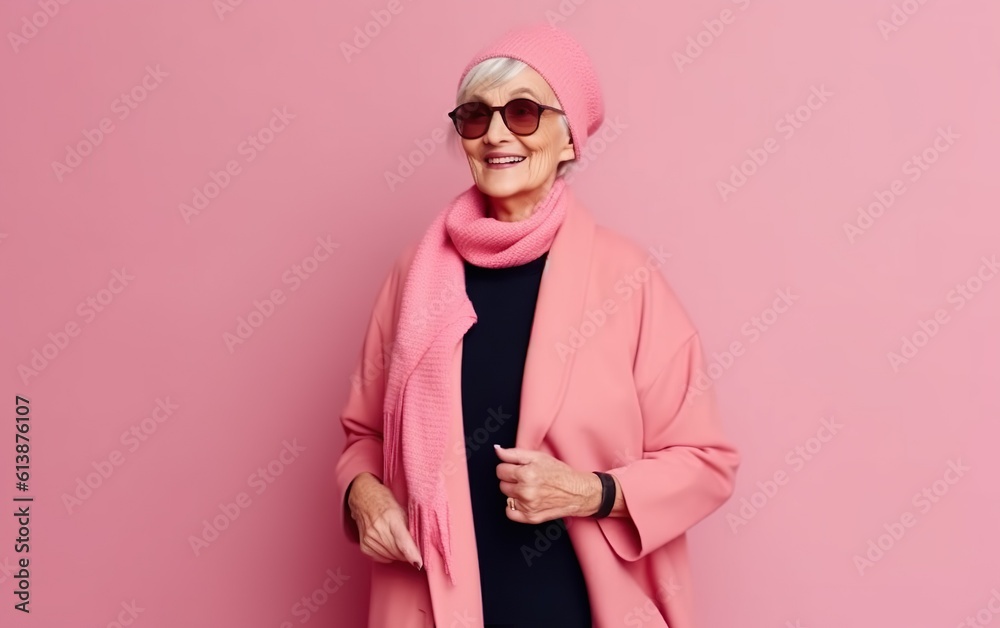 Photo of mature pretty woman good mood confident intelligent representative isolated over pink color background. AI, Generative AI Photo of mature pretty woman good mood confident intelligent representative isolated over pink color background. AI, Generative AI