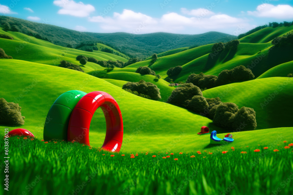 multi-colored geometric shapes are scattered across a clearing on a green hilly area generative ai