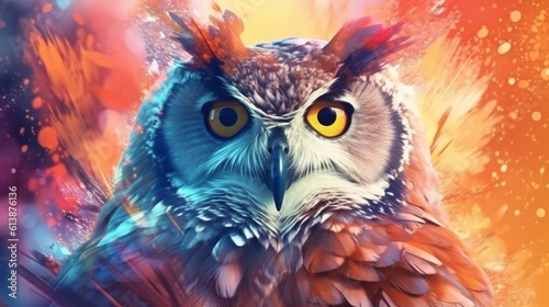 Abstract portrait of an owl with colorful paint. Generative AI
