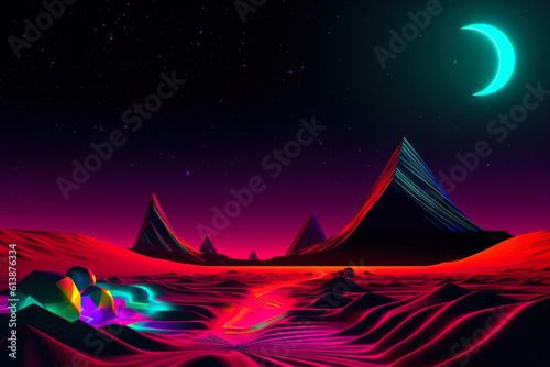 evening desert, where there are geometric shapes with neon illumination generative ai