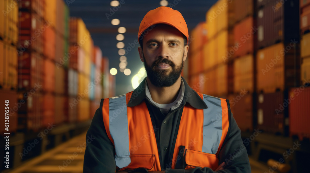 Against the backdrop of towering containers, a male worker stands confidently, representing the role of labor in the world of global trade and commerce. generative AI. Against the backdrop of towering containers, a male worker stands confidently, representing the role of labor in the world of global trade and commerce. generative AI.