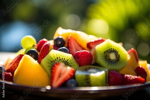 A close-up shot of a fresh fruit salad with melon  kiwi and berries  illustrating a healthy alkaline diet breakfast