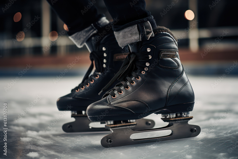 Naklejka premium legs of a man in skates close-up slide on the ice on the rink generative ai