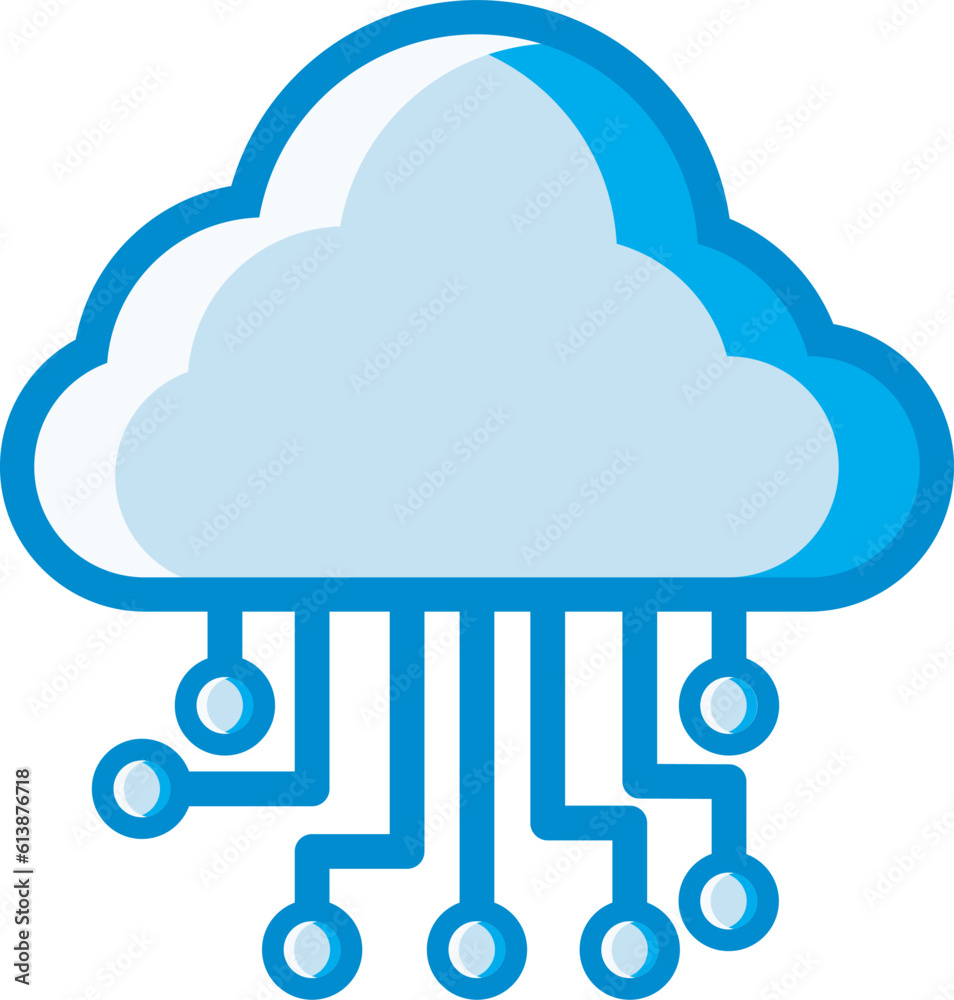 Cloud icon with a branched network symbol representing a complex cloud network in blue and white. This design can be used as an illustration with the theme of cloud computing.