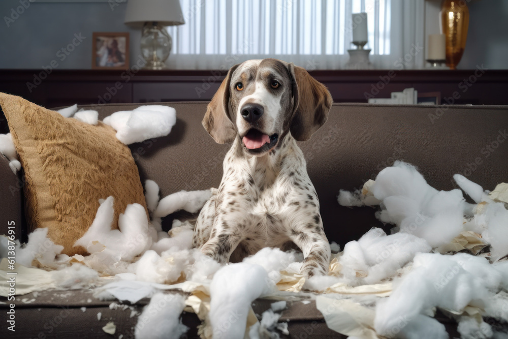 Picture of the dog is sitting on the sofa in the living room, pieces torn fabric ...