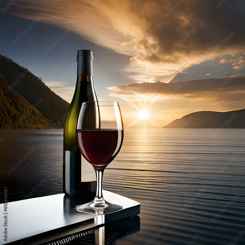 A bottle of wine and a glass on a neutral background created and generated by AI