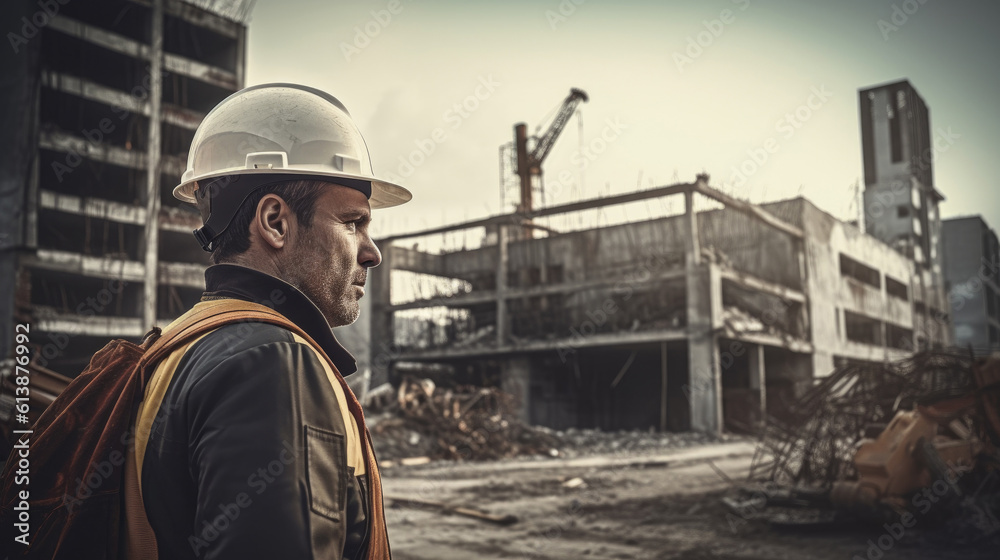 Portrait of a male construction worker on a construction site. A man looks at the buildings destroyed by the war, restoration after the disaster, generative AI. Portrait of a male construction worker on a construction site. A man looks at the buildings destroyed by the war, restoration after the disaster, generative AI.