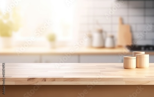 Wooden jars on a wooden table in the kitchen. AI, Generative AI