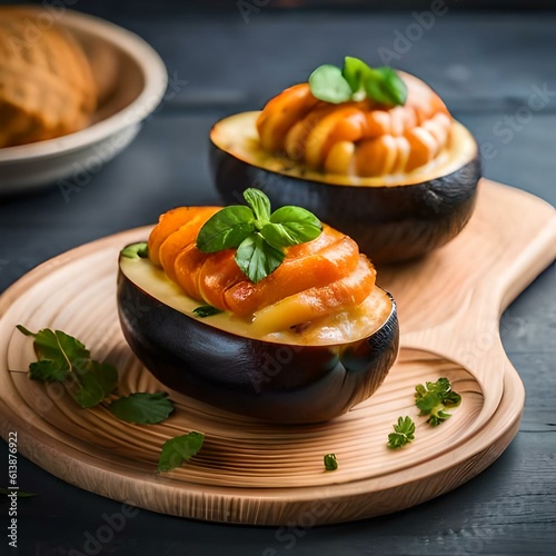 Baked eggplant with cheese meat and vegetables on a neutral background created and generated by AI