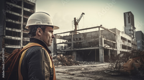 Portrait of a male construction worker on a construction site. A man looks at the buildings destroyed by the war, restoration after the disaster, generative AI.