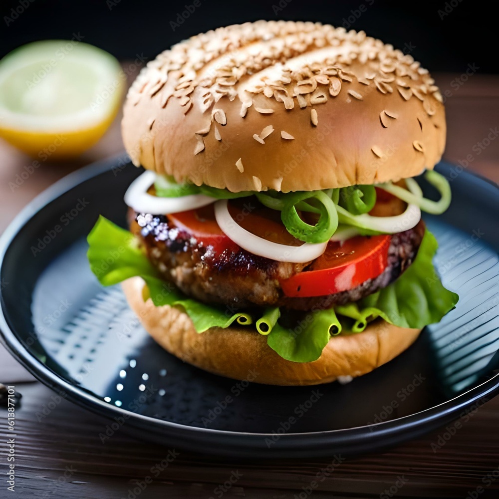 Burger with salad meat and tomato on a neutral background created and generated by AI