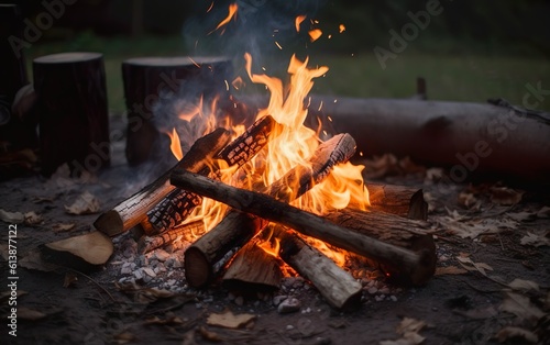 Campfire with logs against the background of the evening forest. AI, Generative AI