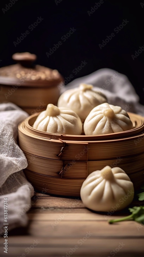 Bamboo steamer with tasty baozi - chinese dumplings on sark background. AI generated
