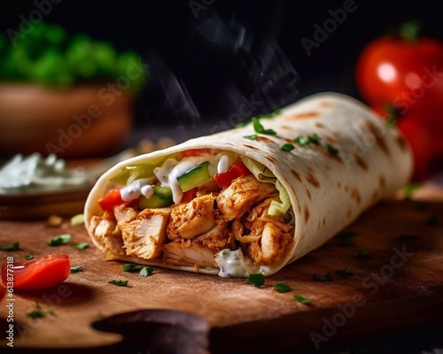Print op canvas Delicious shawerma on cutting noard on dark background