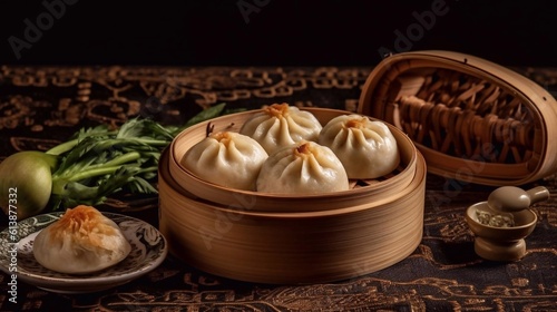 Bamboo steamer with tasty baozi - chinese dumplings on sark background. AI generated