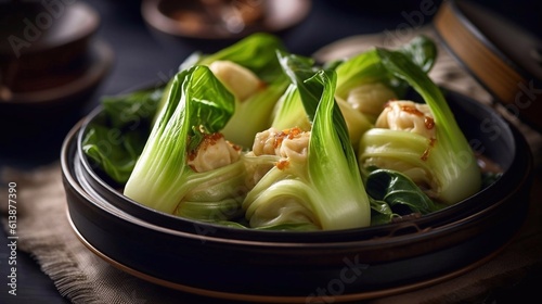 Stuffed pak choi rolls in bamboo steamer on wooden table. Top view. AI generated
