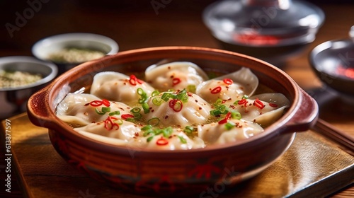 Traditional japaneese gyoza dumplings with  chopped green onions, pepper and sesame seeds in ceramic bowl on wooden table. Top view. AI generated photo