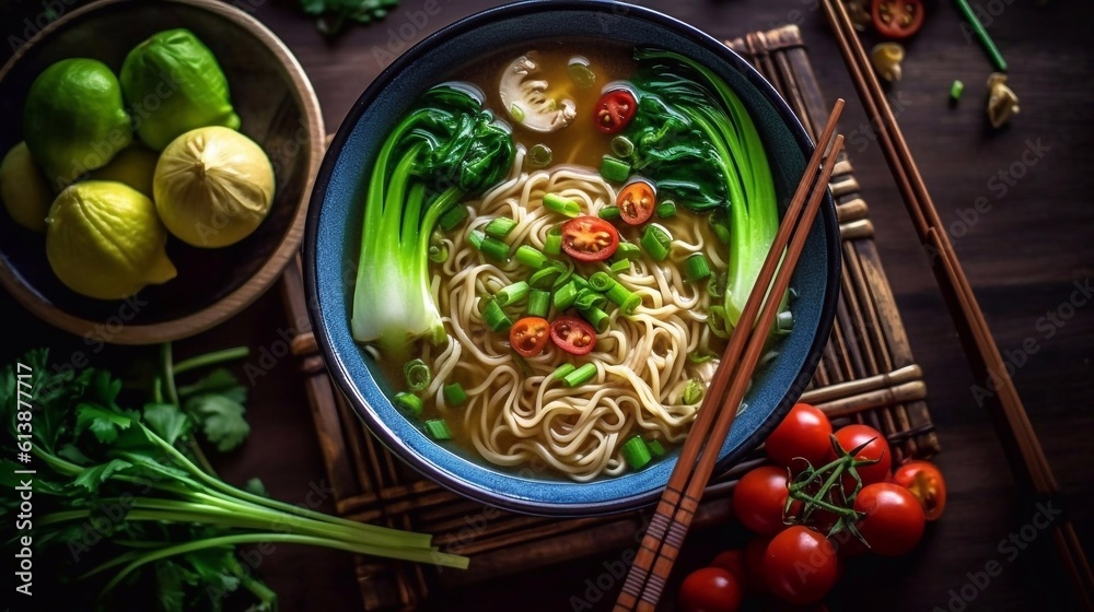 Asian Noodle soup with pak choi, vegetables and sesame seeds on wooden tray. Top view. AI generated - obrazy, fototapety, plakaty 