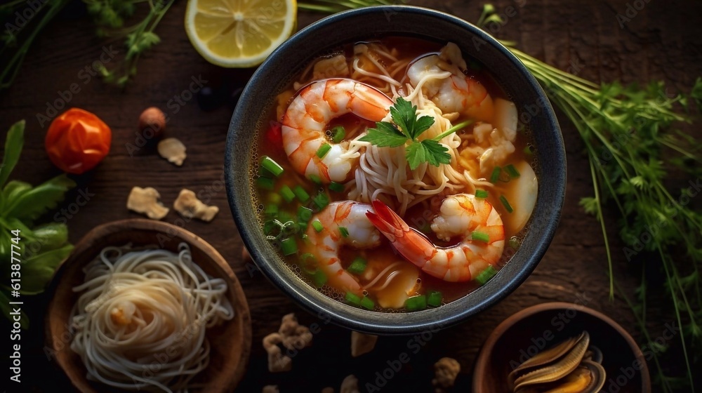Noodle soup with shrimps on dark table. Asian cuisine. Top view. Generative AI Noodle soup with shrimps on dark table. Asian cuisine. Top view. Generative AI
