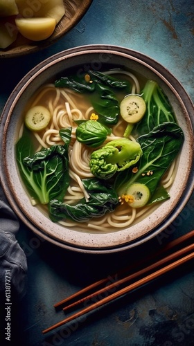 Asian Noodle soup with pak choi, vegetables and sesame seeds on dark background. Top view. AI generated