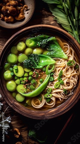 Close up of Asian Noodle soup with pak choi, vegetables and sesame seeds on wooden table. Top view. AI generated