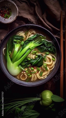 Asian Noodle soup with pak choi, vegetables and sesame seeds on wooden table. Top view. AI generated
