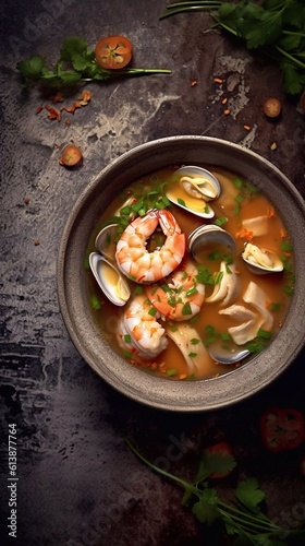 Noodle soup with shrimps on dark table. Asian cuisine. Top view. Generative AI