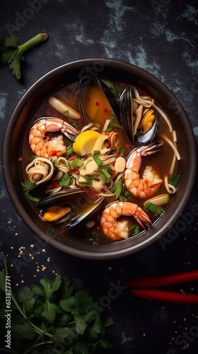 Noodle soup with shrimps on black slate table. Asian cuisine. Top view. Generative AI