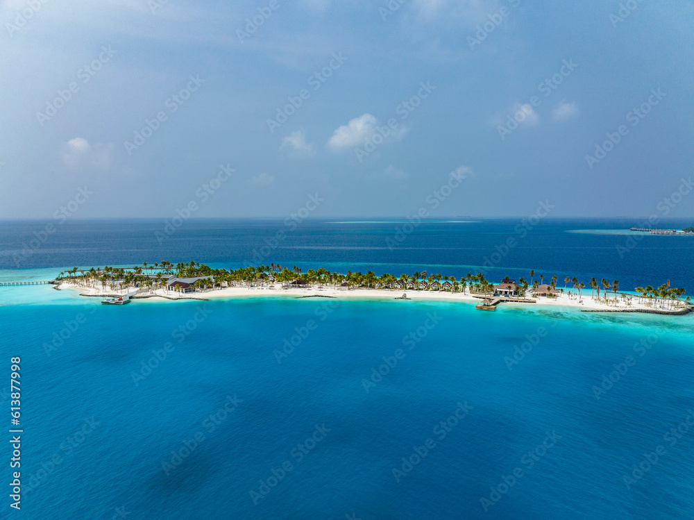 Aerial View, Maldives, North Malé Atoll, Indian Ocean, the newly built OBLU XPERIENCE Ailafushi Resort and the OBLU SELECT Lobigili Resort