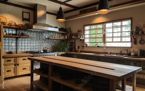 Side view on a wooden table and spacious loft kitchen with vintage decor and wooden cabinets. AI, Generative AI