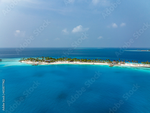 Fototapeta Naklejka Na Ścianę i Meble -  Aerial View, Maldives, North Malé Atoll, Indian Ocean, the newly built OBLU XPERIENCE Ailafushi Resort and the OBLU SELECT Lobigili Resort