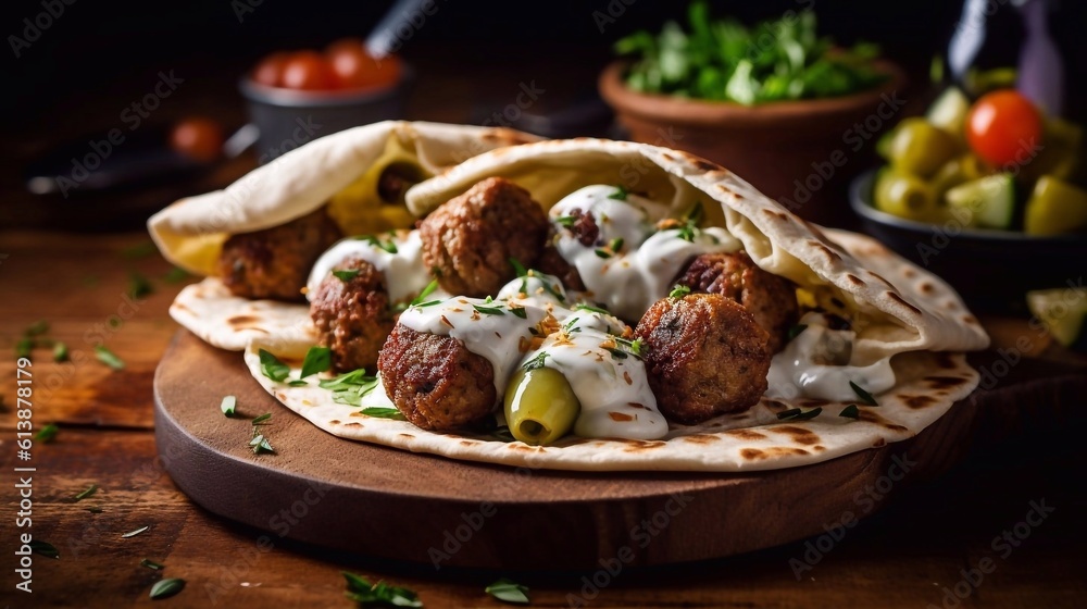Falafel in pita bread with greens, olives and sauce, on cutting board. AI generated Falafel in pita bread with greens, olives and sauce, on cutting board. AI generated