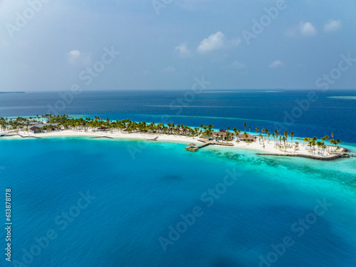 Aerial View, Maldives, North Malé Atoll, Indian Ocean, the newly built OBLU XPERIENCE Ailafushi Resort and the OBLU SELECT Lobigili Resort
