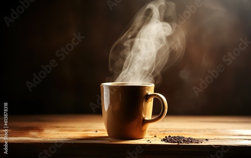 Hot coffee, tea in a ceramic mug on a wooden table on dark background. AI, Generative AI