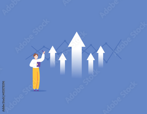 The business grows and increases. Revenue, outcomes, profits, and sales are improved rapidly. An entrepreneur is happy because his business is progressing and growing. successful. illustration concept