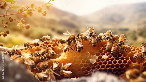 Beehives in Beehives produce healthy fresh honey. Generative AI © vie_art