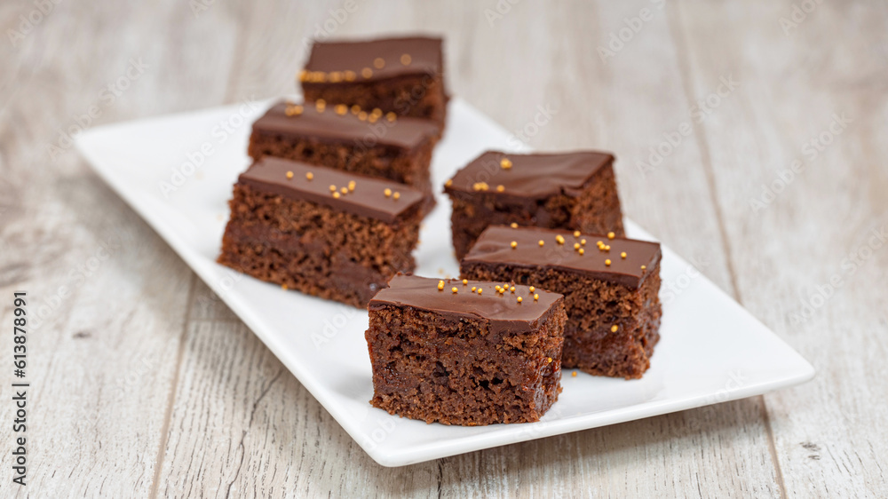 Chocolate brownies on wooden table, homemade bakery and dessert