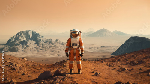 Astronaut explores alien planet, vibrant landscape, embodying curiosity and bravery. Man on Mars generative AI.