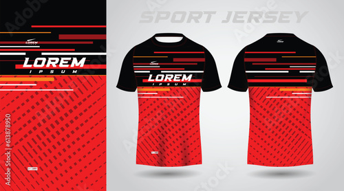 red black shirt soccer football sport jersey template design mockup