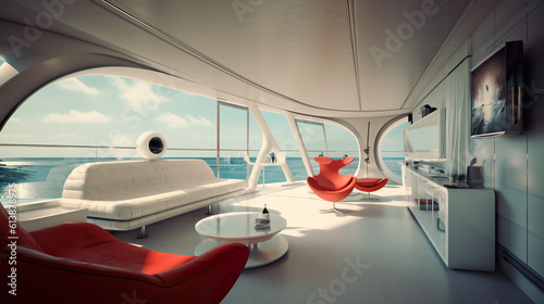 A living room filled with furniture and a large window. Generative AI. Mid century retro futuristic pod house.