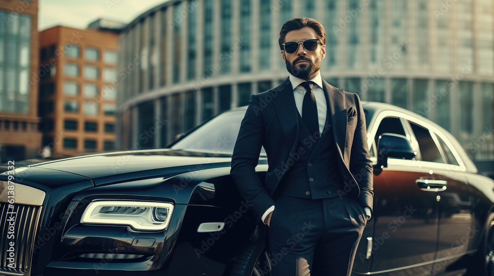 Confident male businessman in sleek black suit poses with a modern luxury car, embodying success and sophistication generative AI.