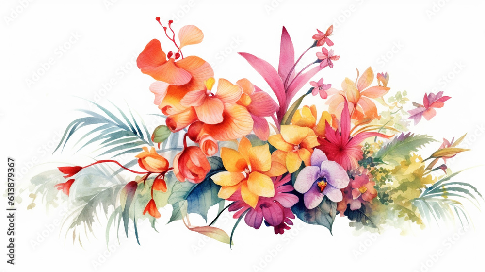 Watercolor painting of flowers and leaves isolated on white backgroundcreated with Generative AI technology Watercolor painting of flowers and leaves isolated on white backgroundcreated with Generative AI technology